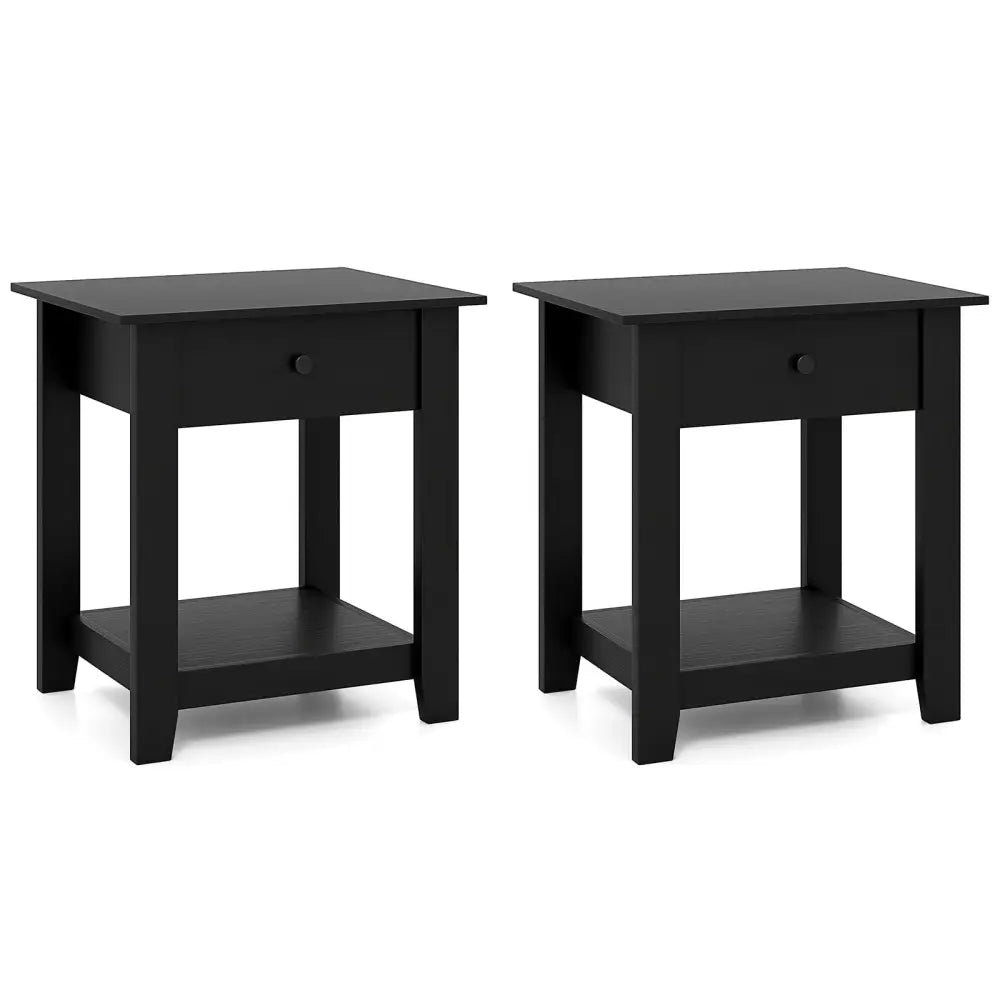 Set of 2 Nightstand with Drawer 3-Tier Modern Bedside Table with Open Shelf and Storage-Black - Black - Nightstands