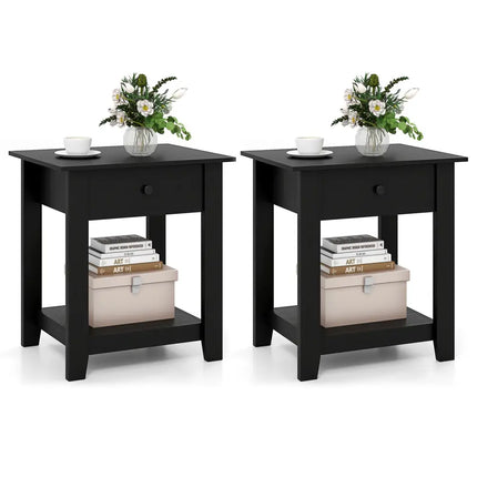 Set of 2 Nightstand with Drawer 3-Tier Modern Bedside Table with Open Shelf and Storage-Black - Black - Nightstands