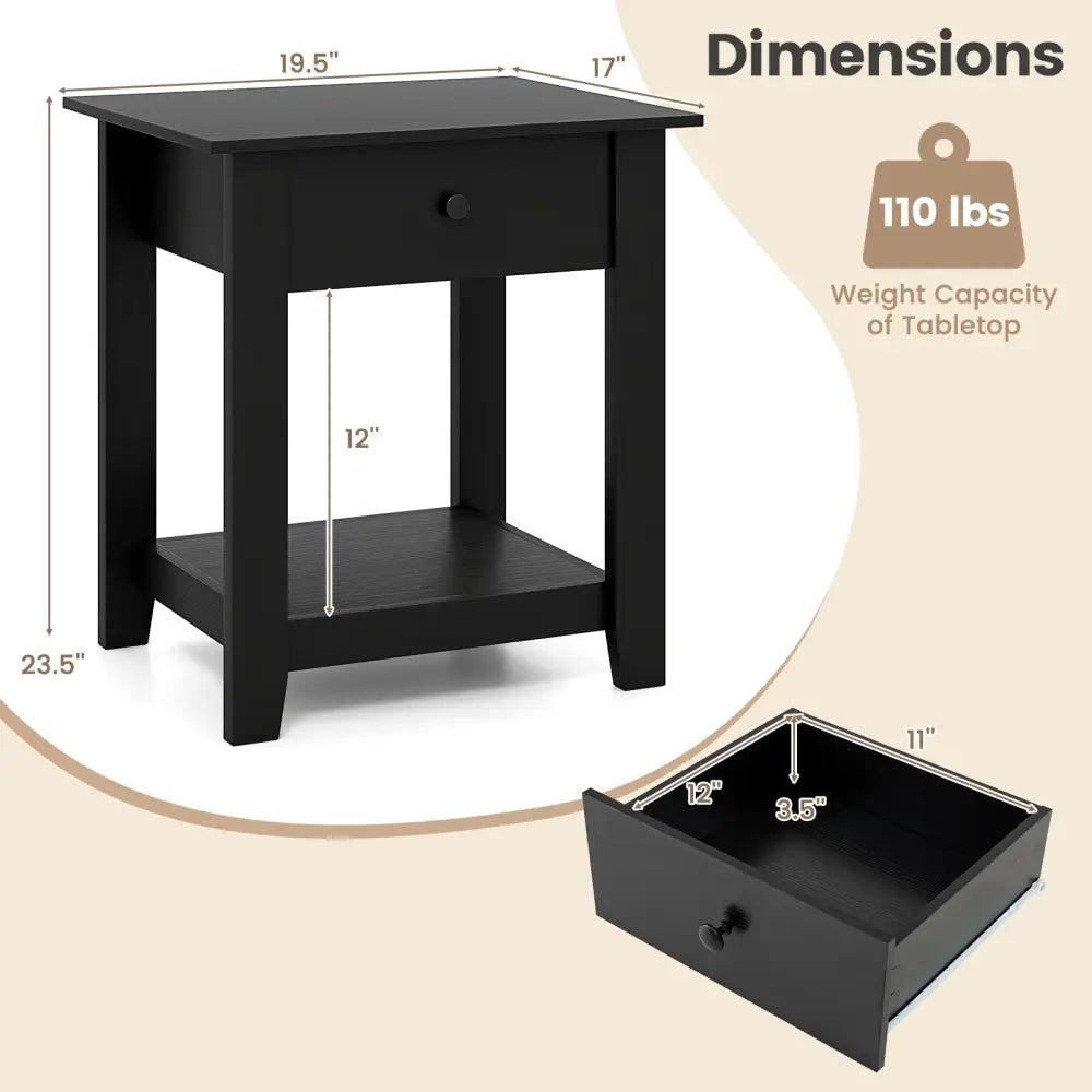 Set of 2 Nightstand with Drawer 3-Tier Modern Bedside Table with Open Shelf and Storage-Black - Black - Nightstands