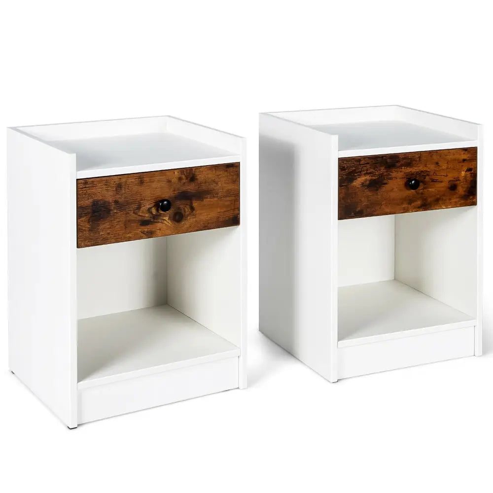 Set of 2 Nightstand with Drawer Cabinet End Side Table Raised Top-White - White - Nightstands