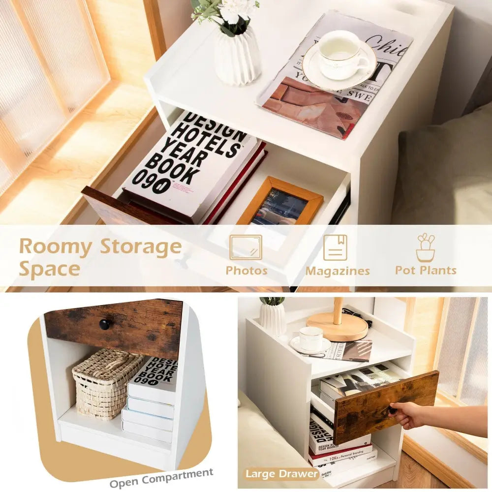 Set of 2 Nightstand with Drawer Cabinet End Side Table Raised Top-White - White - Nightstands
