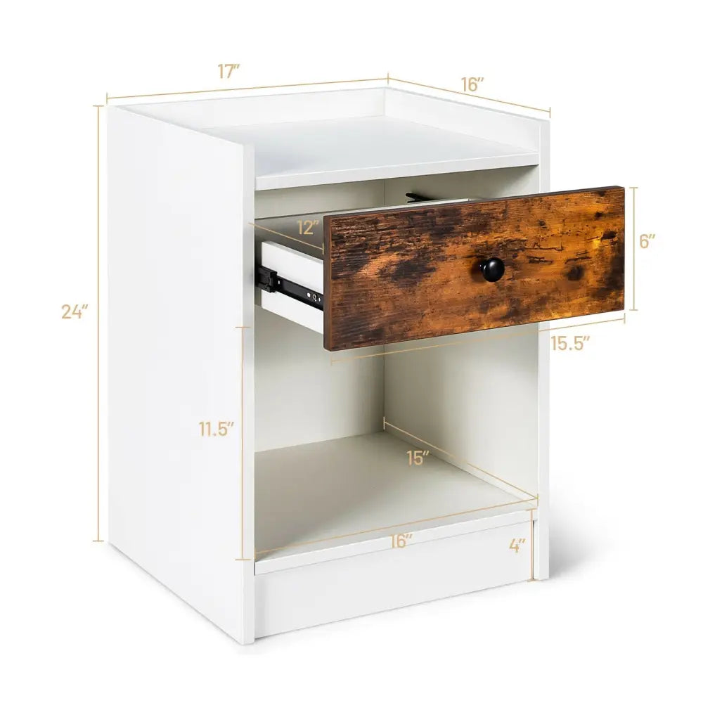 Set of 2 Nightstand with Drawer Cabinet End Side Table Raised Top-White - White - Nightstands