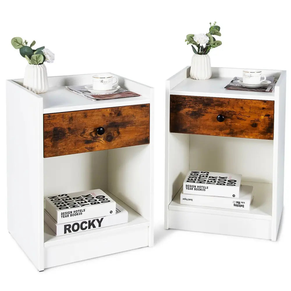 Set of 2 Nightstand with Drawer Cabinet End Side Table Raised Top-White - White - Nightstands