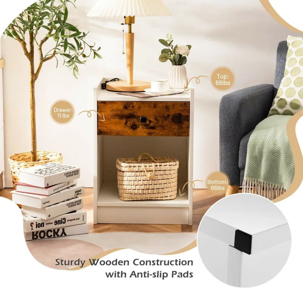 Set of 2 Nightstand with Drawer Cabinet End Side Table Raised Top-White - White - Nightstands