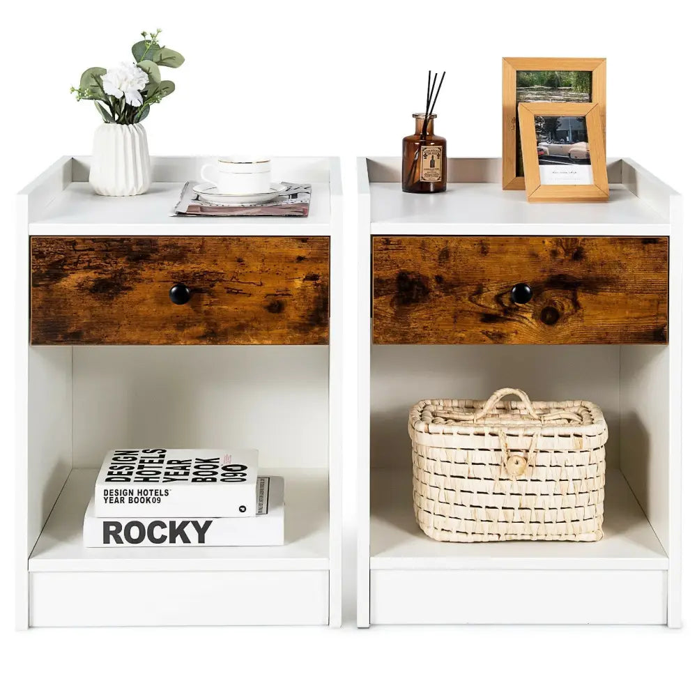 Set of 2 Nightstand with Drawer Cabinet End Side Table Raised Top-White - White - Nightstands