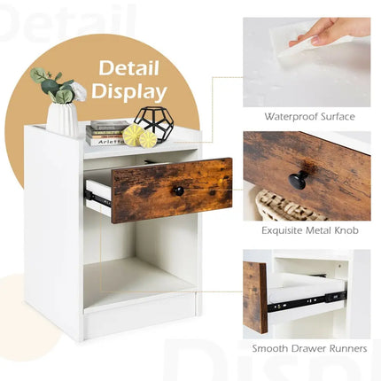 Set of 2 Nightstand with Drawer Cabinet End Side Table Raised Top-White - White - Nightstands