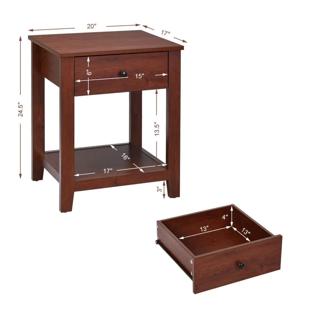 Set of 2 Nightstand with Storage Shelf and Pull Handle - Brown - Nightstands