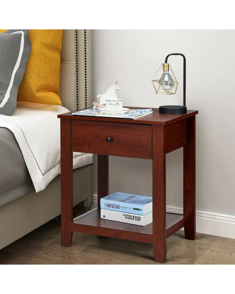 Set of 2 Nightstand with Storage Shelf and Pull Handle - Brown - Nightstands