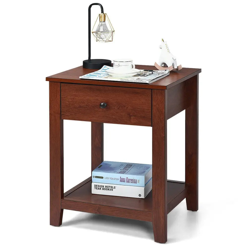 Set of 2 Nightstand with Storage Shelf and Pull Handle - Brown - Nightstands