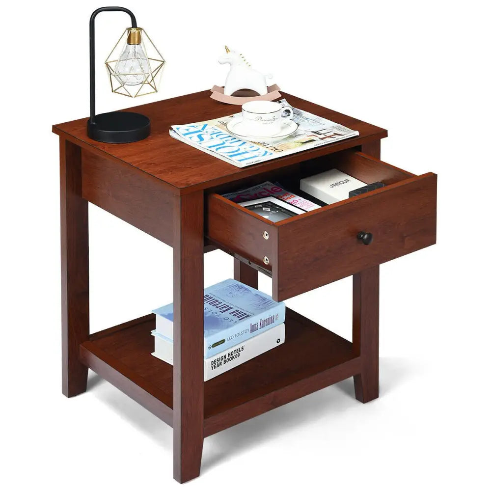 Set of 2 Nightstand with Storage Shelf and Pull Handle - Brown - Nightstands