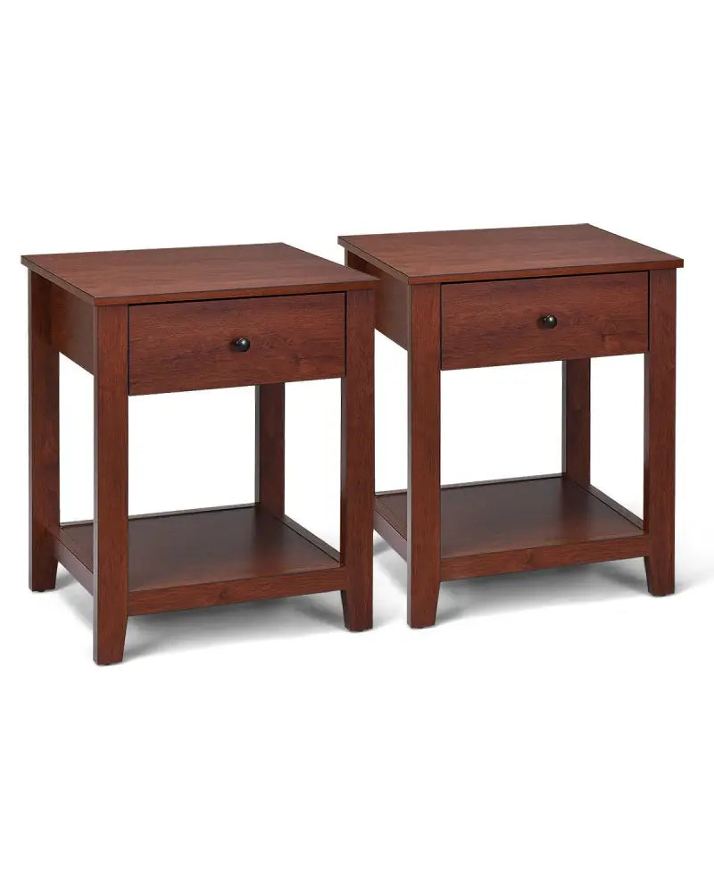 Set of 2 Nightstand with Storage Shelf and Pull Handle - Brown - Nightstands