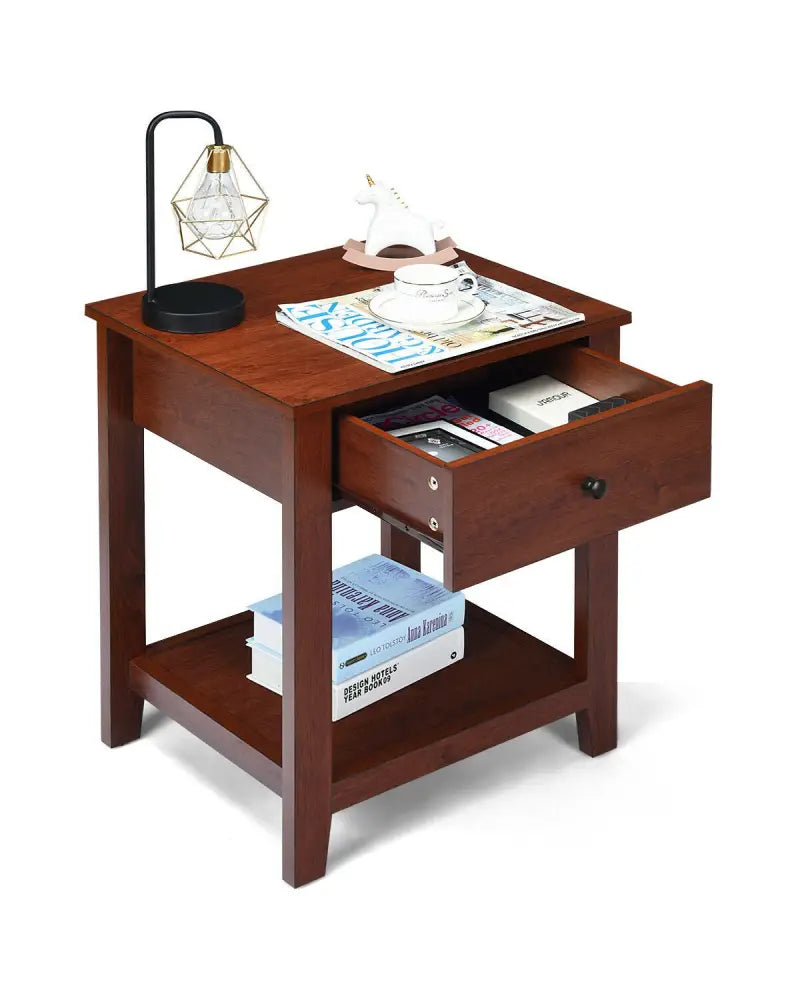 Set of 2 Nightstand with Storage Shelf and Pull Handle - Brown - Nightstands