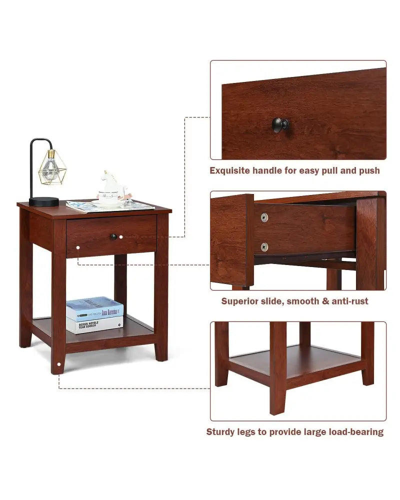 Set of 2 Nightstand with Storage Shelf and Pull Handle - Brown - Nightstands