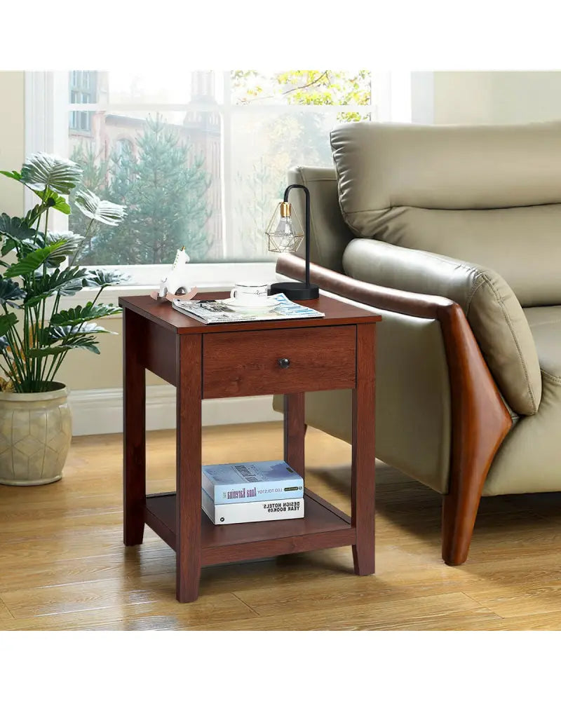 Set of 2 Nightstand with Storage Shelf and Pull Handle - Brown - Nightstands