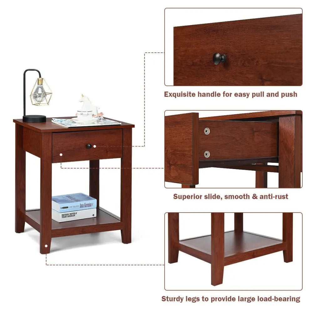 Set of 2 Nightstand with Storage Shelf and Pull Handle - Brown - Nightstands