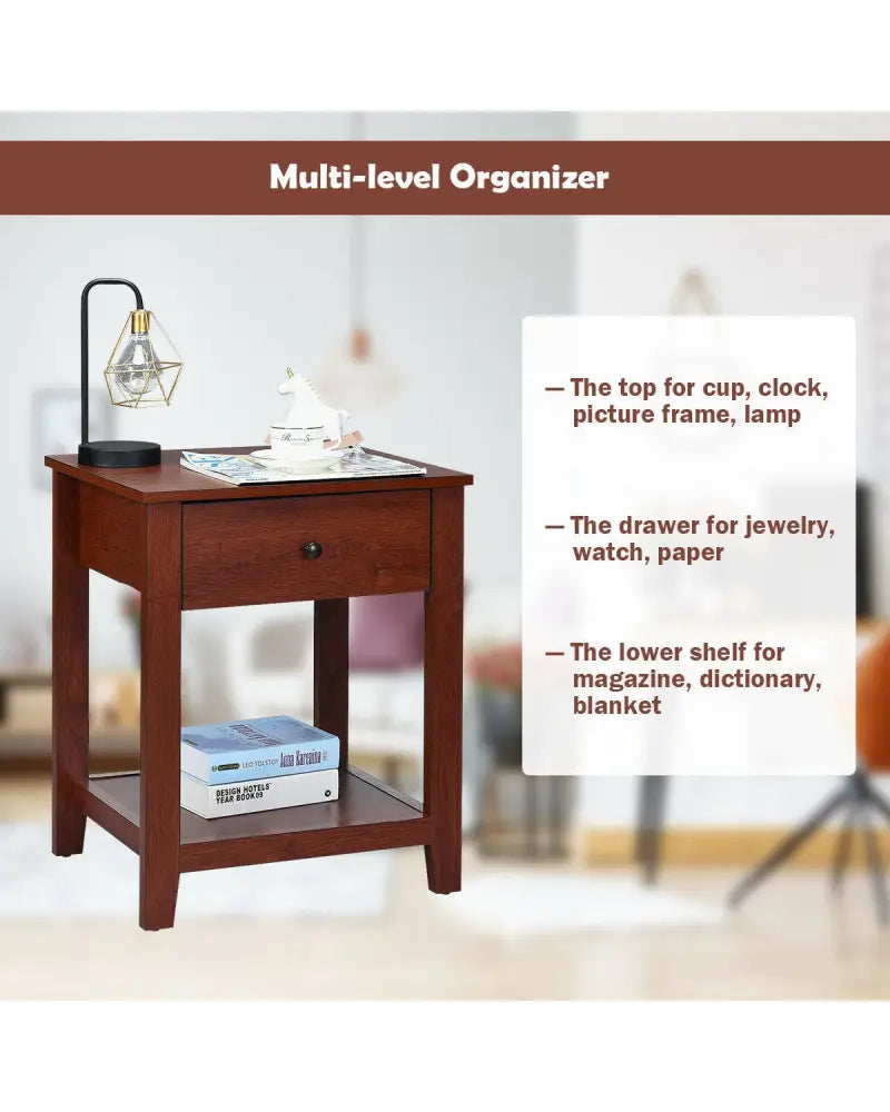 Set of 2 Nightstand with Storage Shelf and Pull Handle - Brown - Nightstands