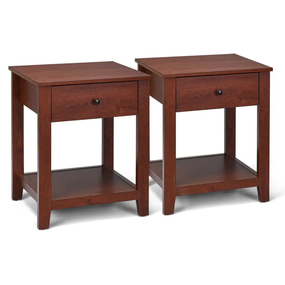 Set of 2 Nightstand with Storage Shelf and Pull Handle - Brown - Nightstands
