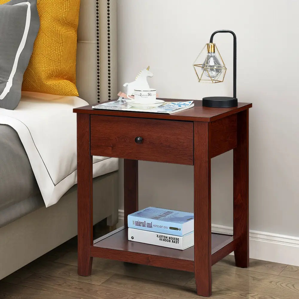 Set of 2 Nightstand with Storage Shelf and Pull Handle - Brown - Nightstands