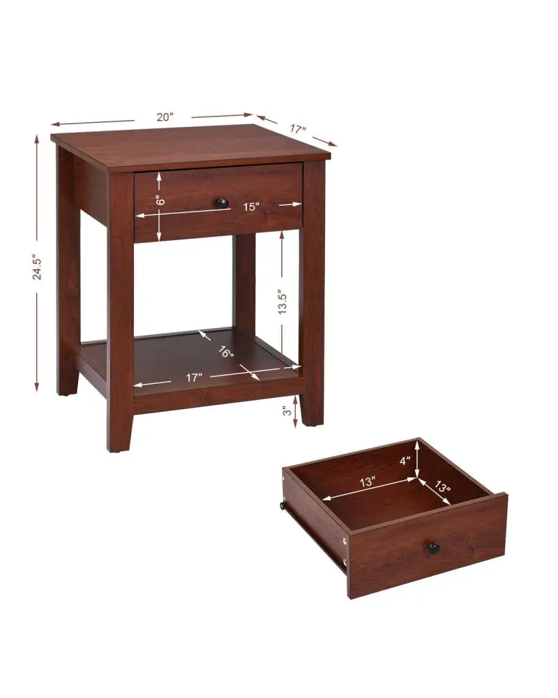 Set of 2 Nightstand with Storage Shelf and Pull Handle - Brown - Nightstands