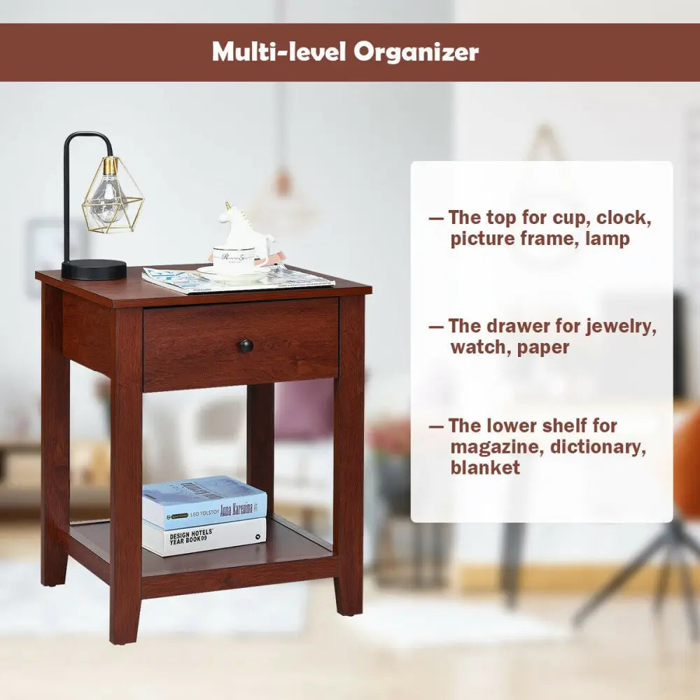 Set of 2 Nightstand with Storage Shelf and Pull Handle - Brown - Nightstands