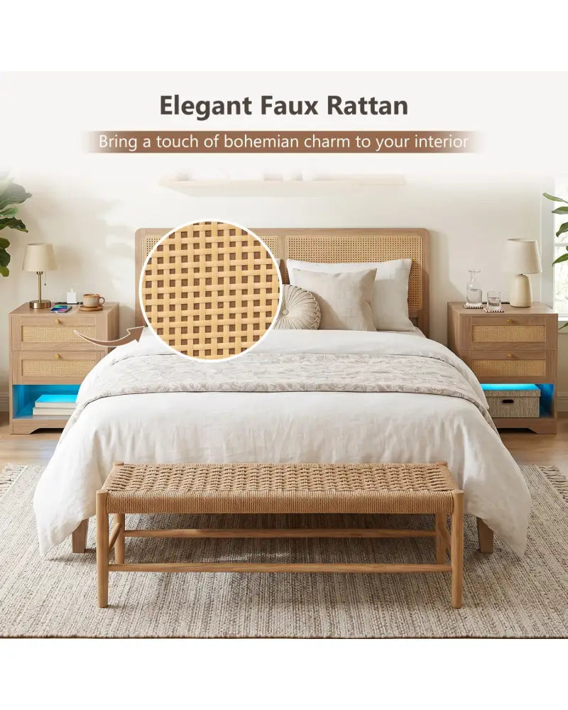 Set of 2 Nightstands with Charging Station and LED Light Strip for Bedroom and Living Room-Oak - Oak - Nightstands