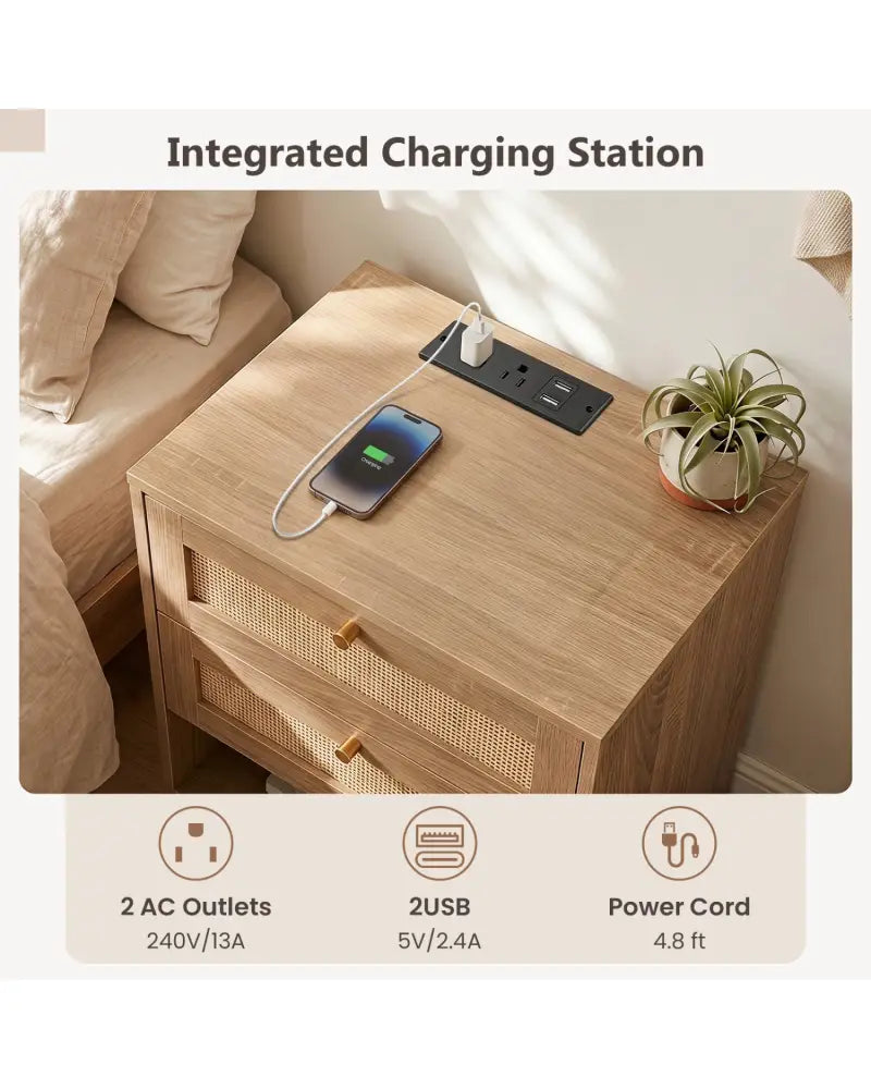 Set of 2 Nightstands with Charging Station and LED Light Strip for Bedroom and Living Room-Oak - Oak - Nightstands