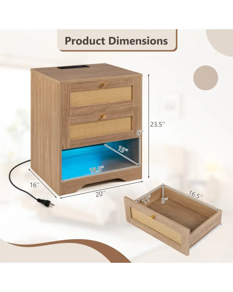 Set of 2 Nightstands with Charging Station and LED Light Strip for Bedroom and Living Room-Oak - Oak - Nightstands