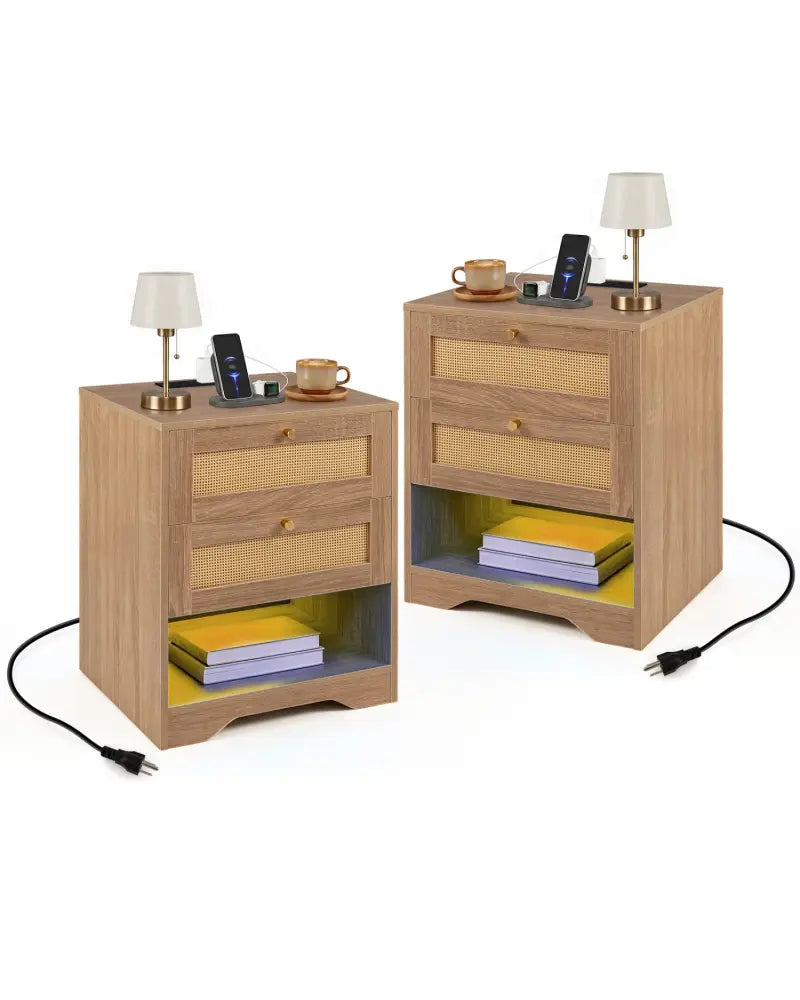 Set of 2 Nightstands with Charging Station and LED Light Strip for Bedroom and Living Room-Oak - Oak - Nightstands