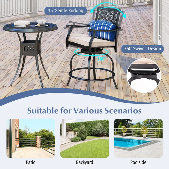 Set of 2 Outdoor Bar Height Chair with Soft Cushions - Black - Patio Bar Furniture