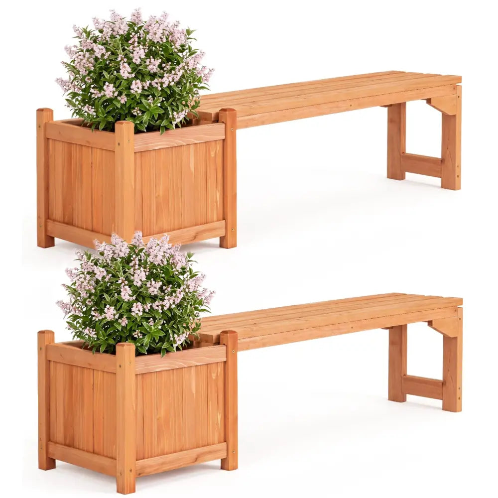 Set of 2 Outdoor Bench with Raised Garden Bed with Spacious Seat and Detachable Bottom Plates-Orange - Orange - Raised