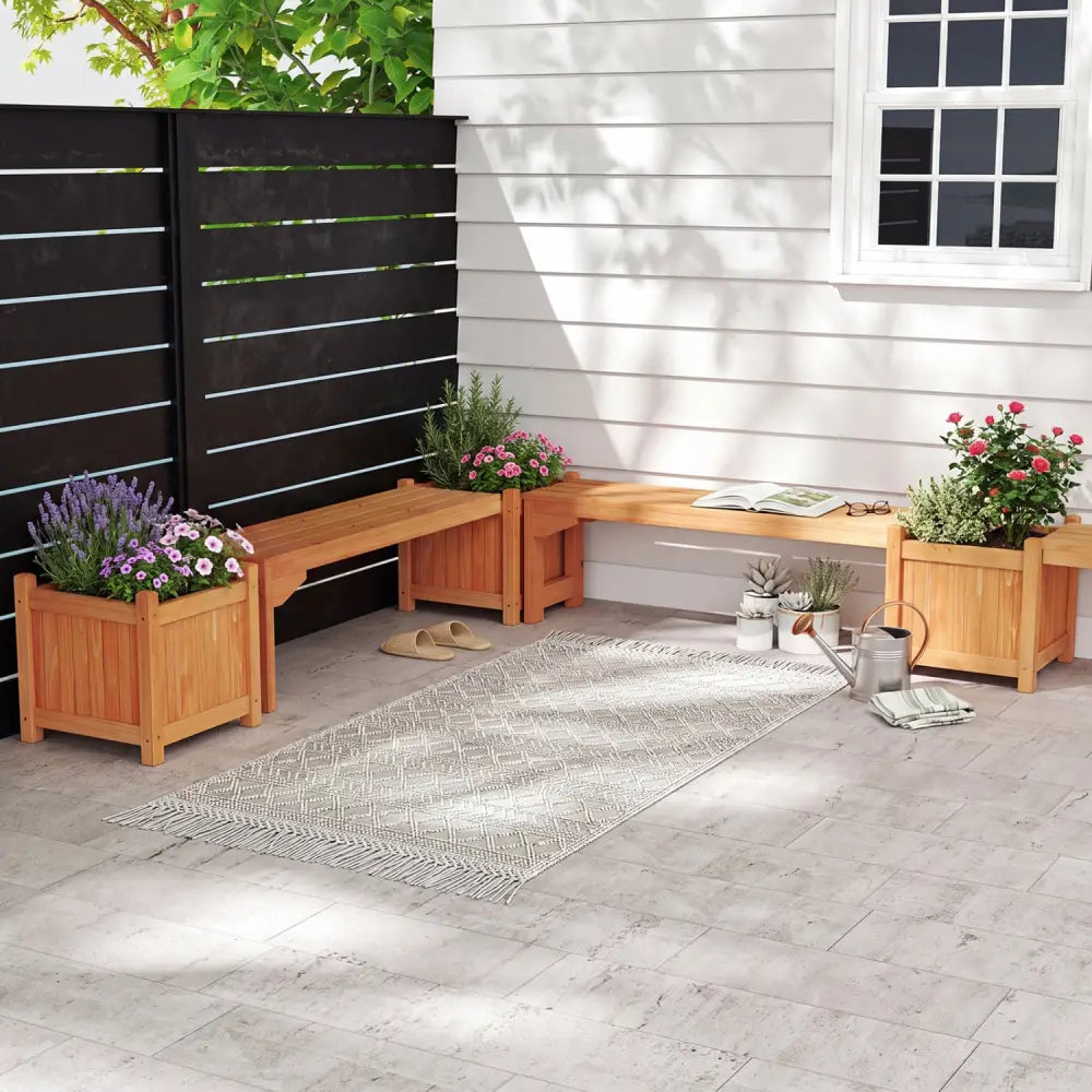 Set of 2 Outdoor Bench with Raised Garden Bed with Spacious Seat and Detachable Bottom Plates-Orange - Orange - Raised