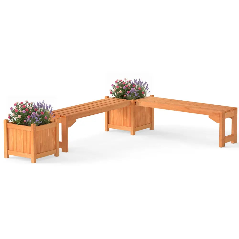 Set of 2 Outdoor Bench with Raised Garden Bed with Spacious Seat and Detachable Bottom Plates-Orange - Orange - Raised