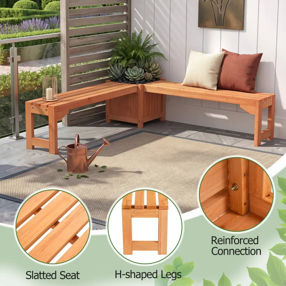 Set of 2 Outdoor Bench with Raised Garden Bed with Spacious Seat and Detachable Bottom Plates-Orange - Orange - Raised