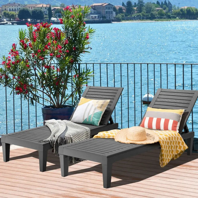 Set of 2 Outdoor Chaise Lounge Chair with 5 Positions Adjustable Backrest-Black - Black - Outdoor Chaise Lounges