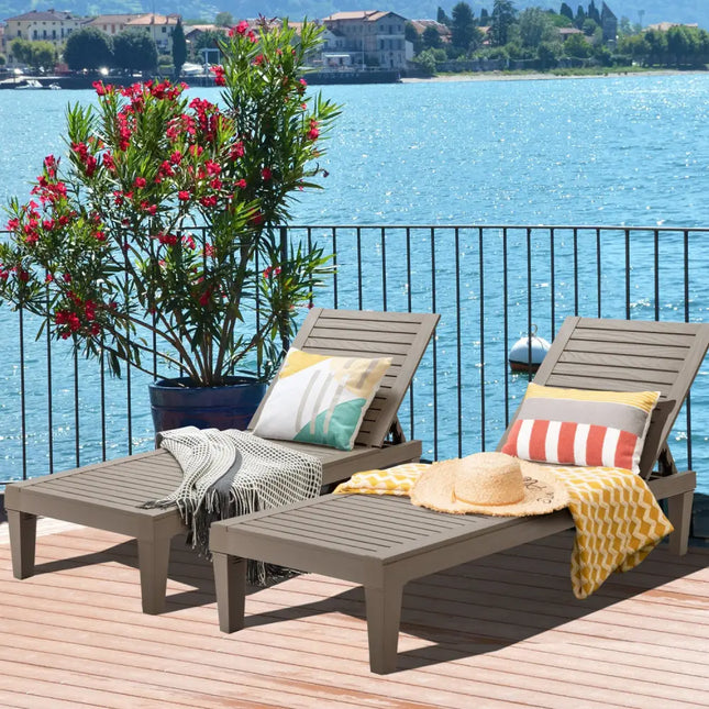 Set of 2 Outdoor Chaise Lounge Chair with 5 Positions Adjustable Backrest-Brown - Brown - Outdoor Chaise Lounges