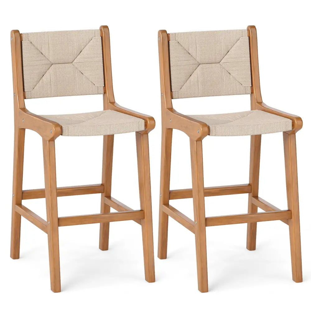 Set of 2 Outdoor Counter Height Bar Stool Woven Paper Rope Patio Barstool with Teak Wood Frame - Patio Bar Furniture