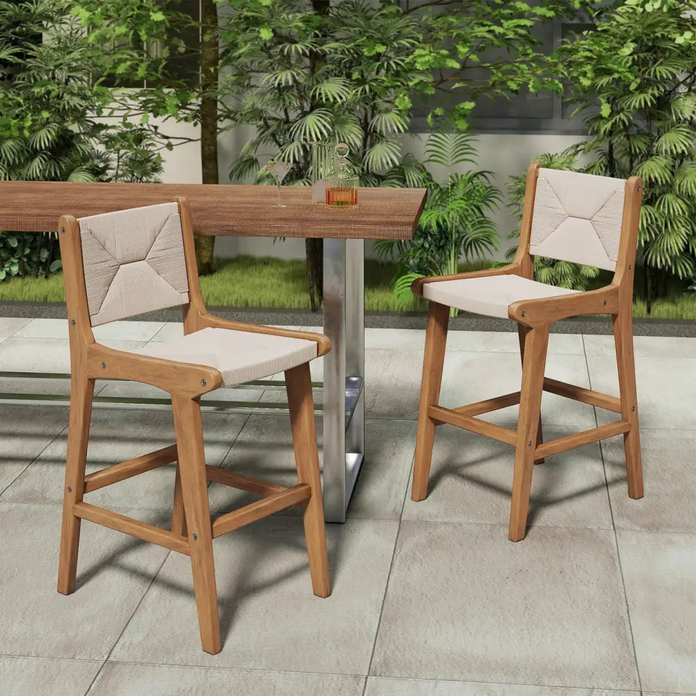 Set of 2 Outdoor Counter Height Bar Stool Woven Paper Rope Patio Barstool with Teak Wood Frame - Patio Bar Furniture