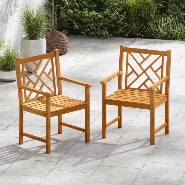 Set of 2 Outdoor Dining Chairs Acacia Wood with Cross-Pattern Backrest - Natural - Patio Dining Chairs