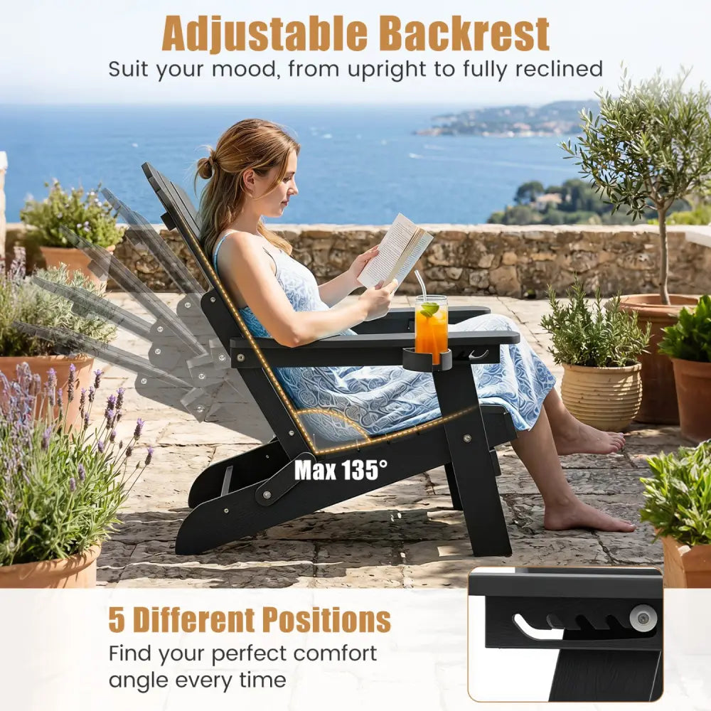 Set of 2 Outdoor Folding Adirondack Chair with Cup Holder and 5-Level Backrest-Black - Black - Adirondack Chairs