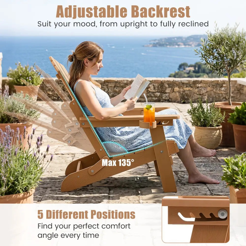 Set of 2 Outdoor Folding Adirondack Chair with Cup Holder and 5-Level Backrest-Coffee - Coffee - Adirondack Chairs