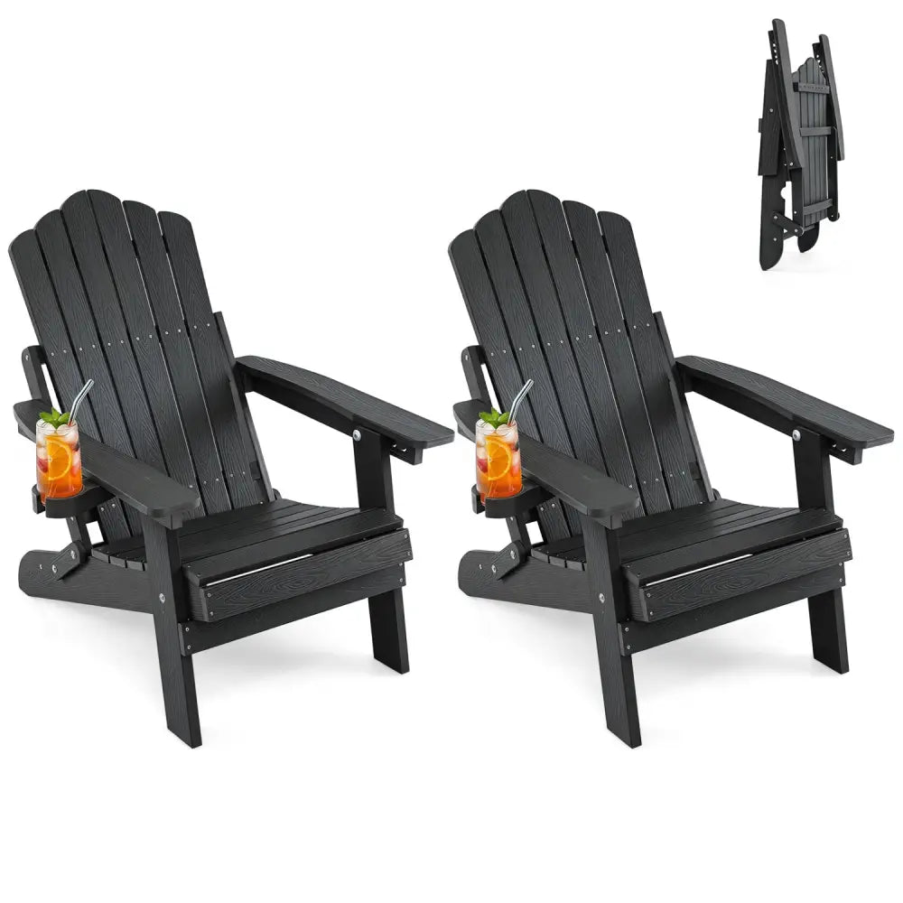 Set of 2 Outdoor Folding Adirondack Chair with Cup Holder and 5-Level Backrest-Black - Black - Adirondack Chairs