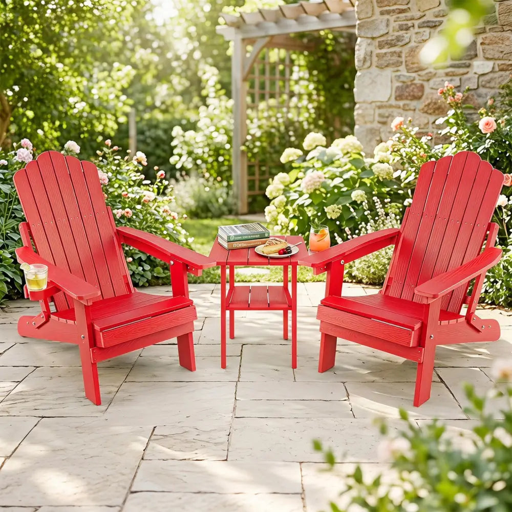 Set of 2 Outdoor Folding Adirondack Chair with Cup Holder and 5-Level Backrest-Red - Red - Adirondack Chairs