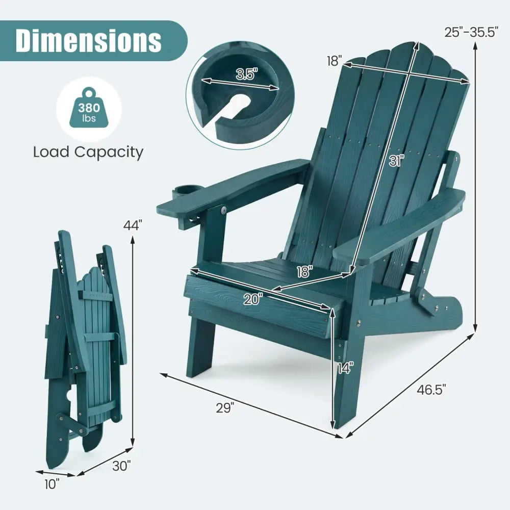 Set of 2 Outdoor Folding Adirondack Chair with Cup Holder and 5-Level Backrest-Green - Green - Adirondack Chairs