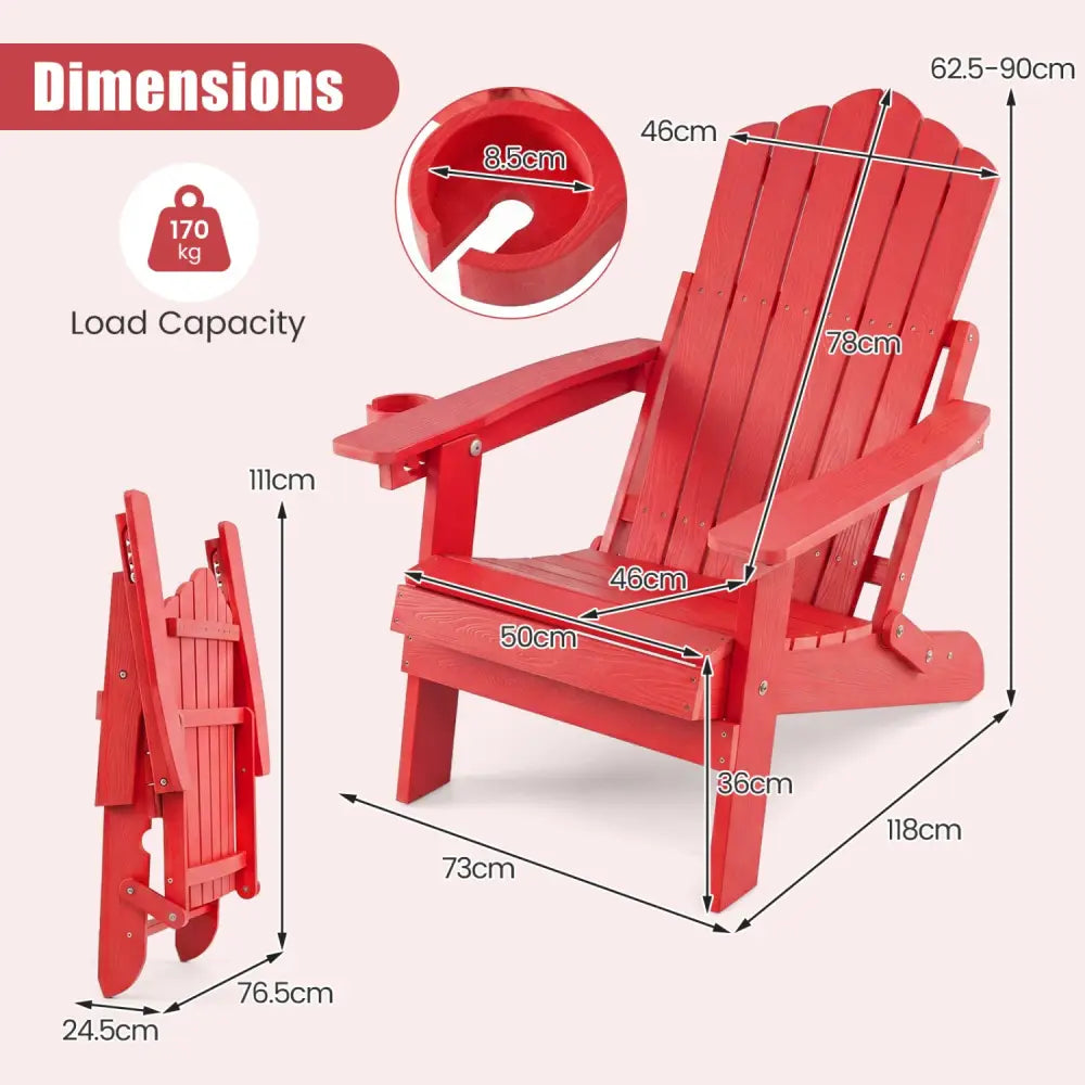 Set of 2 Outdoor Folding Adirondack Chair with Cup Holder and 5-Level Backrest-Red - Red - Adirondack Chairs