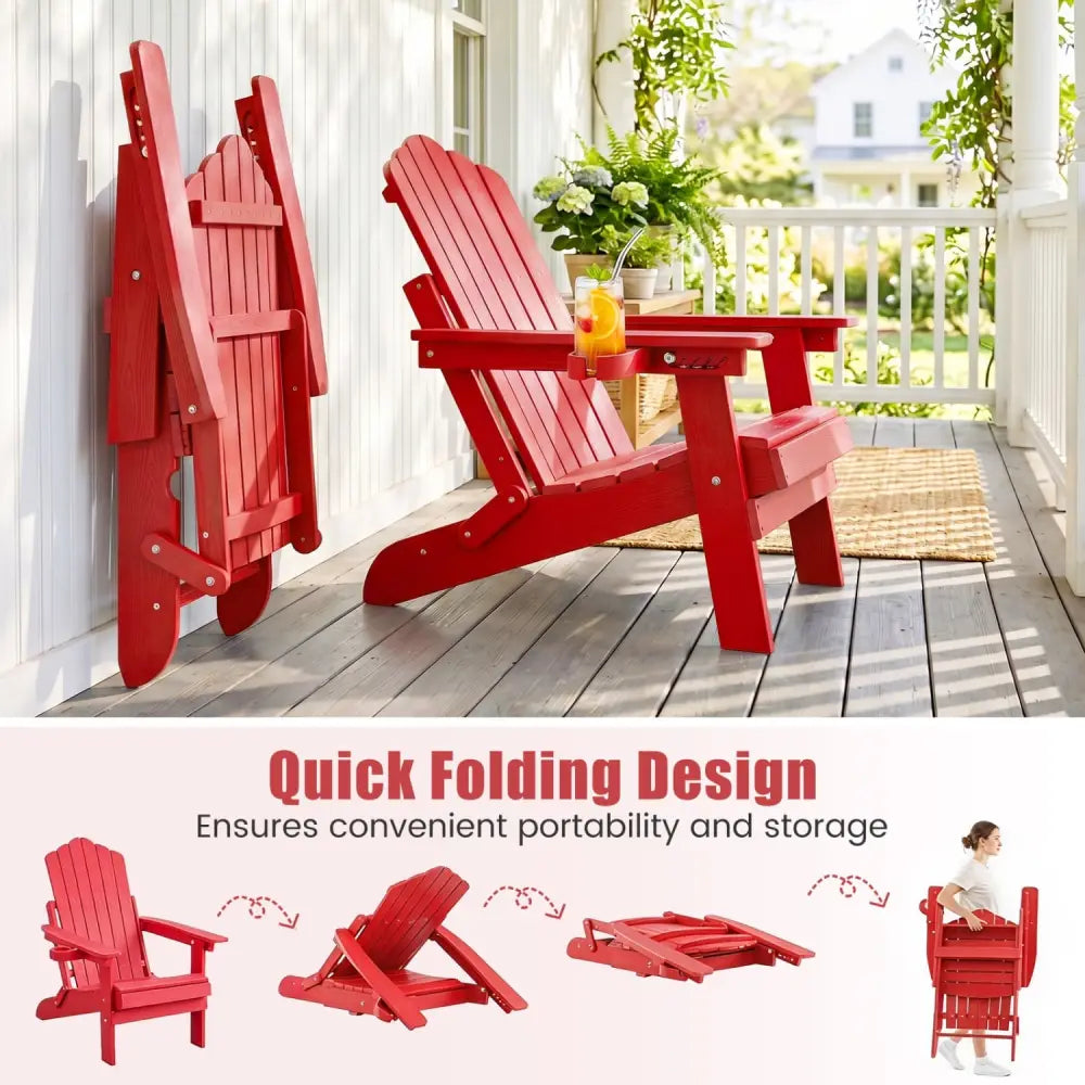 Set of 2 Outdoor Folding Adirondack Chair with Cup Holder and 5-Level Backrest-Red - Red - Adirondack Chairs