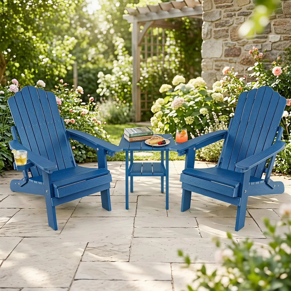 Set of 2 Outdoor Folding Adirondack Chair with Cup Holder and 5-Level Backrest-Navy - Navy - Adirondack Chairs