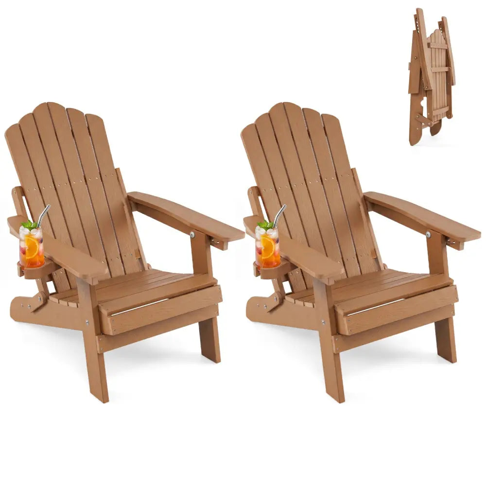 Set of 2 Outdoor Folding Adirondack Chair with Cup Holder and 5-Level Backrest-Coffee - Coffee - Adirondack Chairs