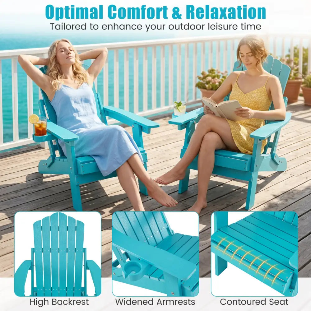 Set of 2 Outdoor Folding Adirondack Chair with Cup Holder and 5-Level Backrest-Turquoise - Turquoise - Adirondack Chairs