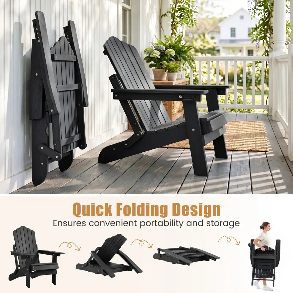Set of 2 Outdoor Folding Adirondack Chair with Cup Holder and 5-Level Backrest-Black - Black - Adirondack Chairs