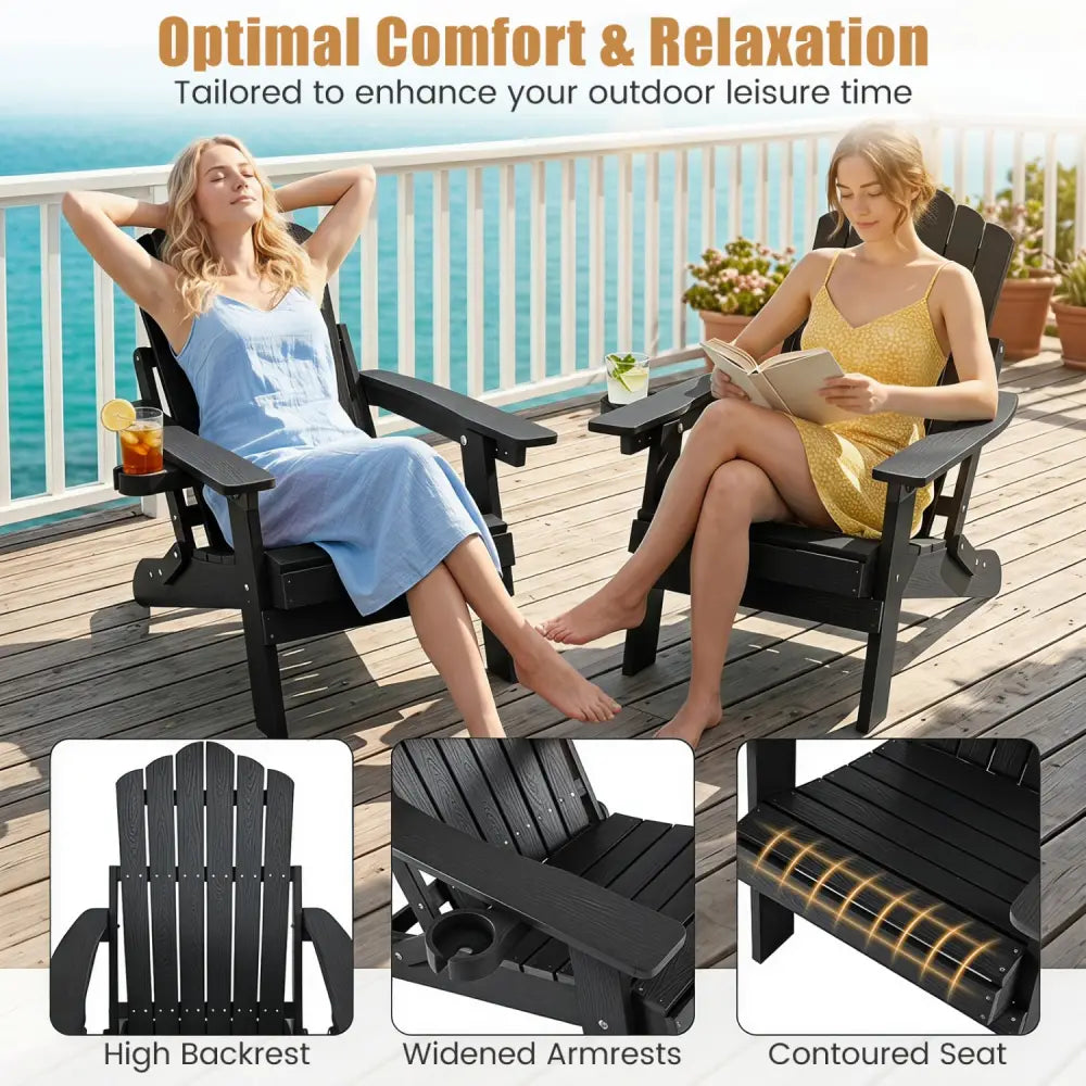 Set of 2 Outdoor Folding Adirondack Chair with Cup Holder and 5-Level Backrest-Black - Black - Adirondack Chairs